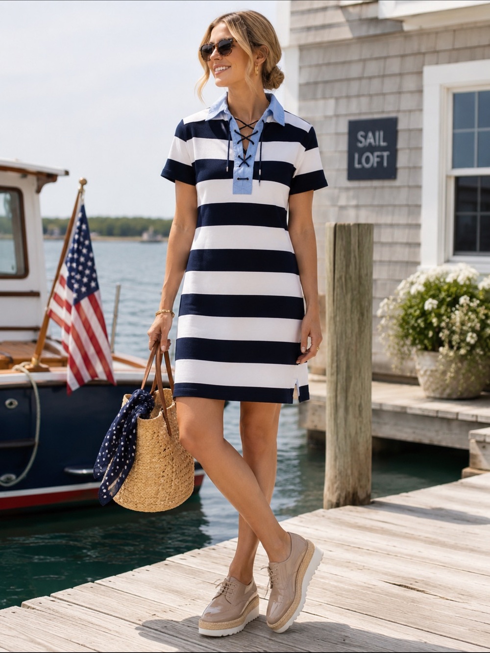 Chaps Navy White StripedPolo Dress/Nautical Lace-up. Size M